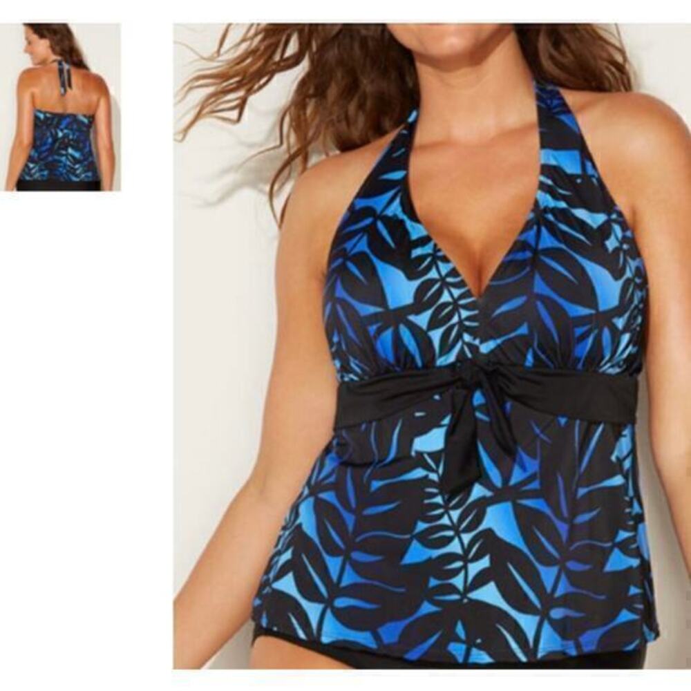 NEW Swimsuits for all sapo print women's blue & black halter tankini top size 24